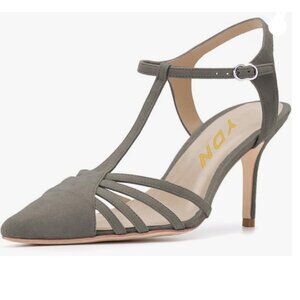 YDN Grey Pointed Toe Ankle Straps Sandals Stiletto Heel T-Straps Shoes